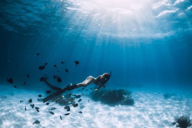 Yüzgeçli serbest dalgıç kız mavi okyanusta tropik balıklarla kumlu zeminde süzülüyor.
