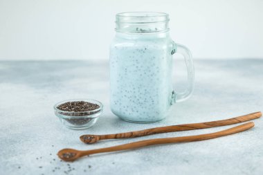 Sağlıklı yaban mersinli yoğurt ya da chia tohumlu smoothie. Vejetaryen gıda, diyet ve sağlık konsepti