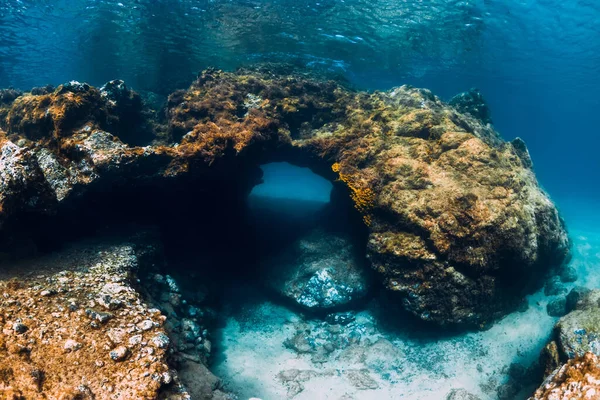 Подводная Сцена Пещерами Голубом Океане — стоковое фото