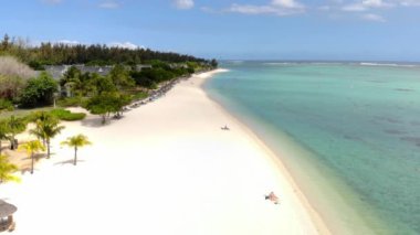 Mauritius adasındaki Le Morne 'de tropik bir plaj. Palmiyeli ve mavi şeffaf okyanuslu sahil. Hava görünümü
