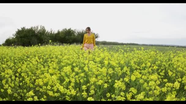 年轻的女人高兴地穿过田野 触摸着黄色的花朵 美丽无忧无虑的女人在繁茂的田野里享受大自然 — 图库视频影像