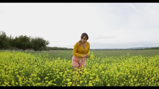 年轻的女人高兴地穿过田野 触摸着黄色的花朵 美丽无忧无虑的女人在繁茂的田野里享受大自然 — 图库视频影像