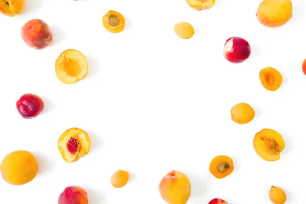 Food Frame Ripe Peaches Apricotes White Background Top View Flat — Stock Photo, Image