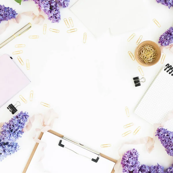 Copy Space Composition Clipboard Notebook Lilac Flowers Accessories Isolated White — Stock Photo, Image