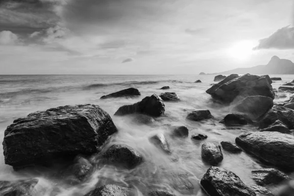 Plaj manzarası siyah beyaz