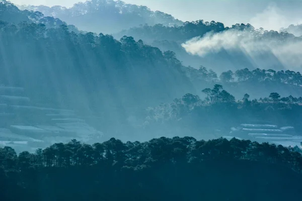 Dağ manzarası boyunca ışık saçar.