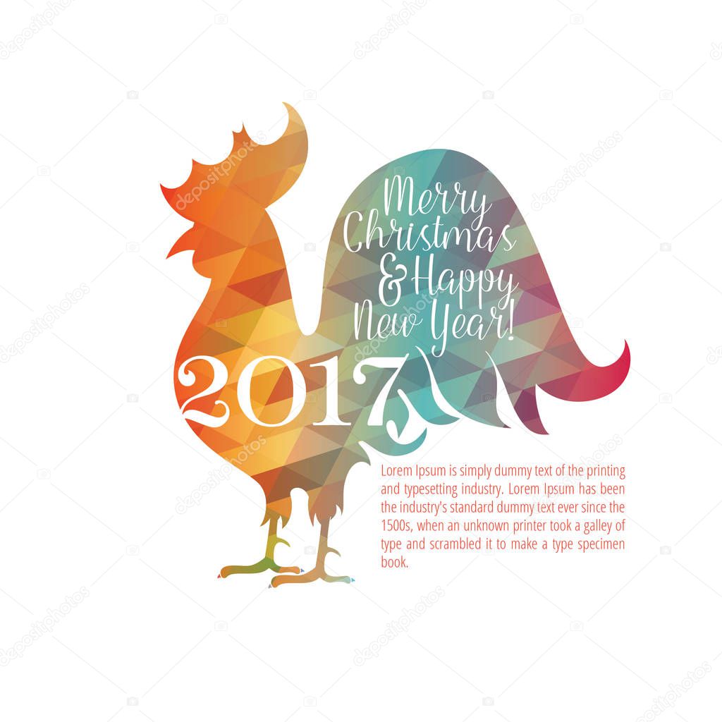 Greeting card with Christmas and new year. Cock from mosaic tria