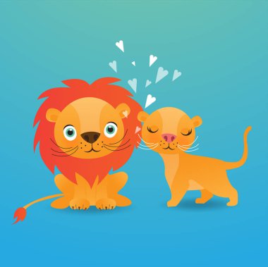 Mavi arka plan vektör çizim sevimli aslan karikatür.