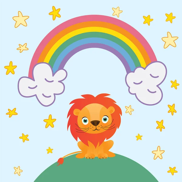 Söt lejon tecknad på rainbow bakgrund och stjärnor vektor illustration. Royaltyfria Stockvektorer