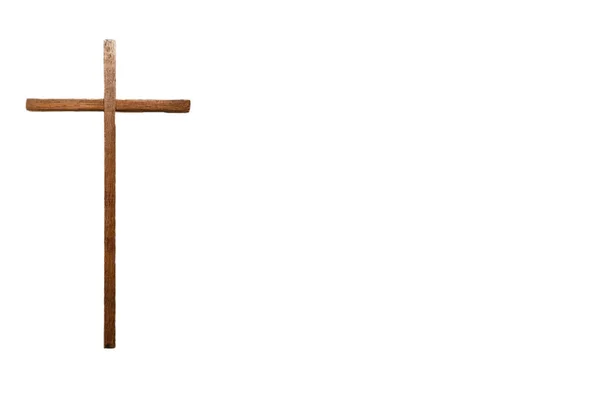 Дерев'яний хрест Ісуса Христа Релігійна та духовна концепція ізольована на білому тлі, простір для тексту — стокове фото