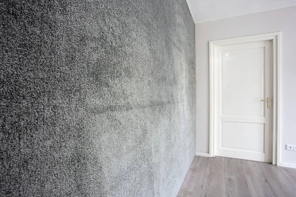 Alfombra de tela gris de piel en la pared interior moderno, puerta blanca y pared en una casa limpia — Foto de Stock