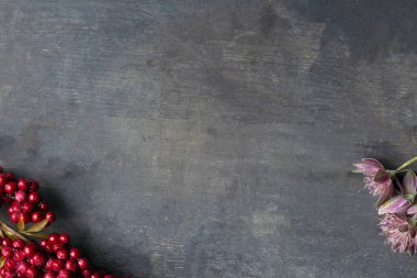 Red rowan berries on vintage rustic wooden background Autumn background with red berries and copyspase christmas background with red berries space for text