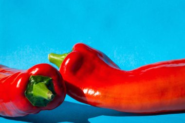 Mavi arka planda Red Fresh Sweet Peppers marconi, retro modern tasarım