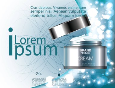 Şık tasarım kozmetik şişe. Yüz bakımı, ton krem. Mavi arka plan üzerinde. Soyut vektör çizim. Reklam. EPS 10