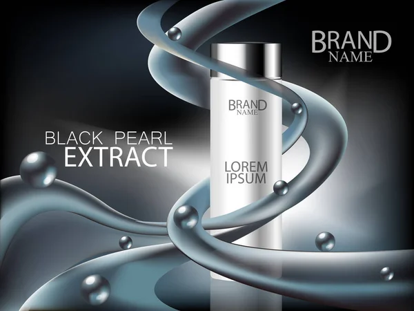 Kozmetik şişe ve dalgalar krem koyu arka plan üzerinde siyah inci kozmetik reklamları ayıklayın. Yüz bakımı, vücut bakımı ve cilt kozmetik. Vektör çizim.