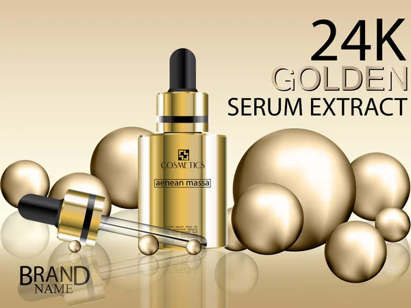 Kozmetik reklamları. Altın serum özü kozmetik altın şişe ile 24 k altın top. Vektör çizim.