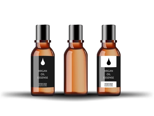 Kozmetik cam şişe serum argan ile beyaz arka plan üzerinde izole farklı etiketlerle ayıklayın. Vektör çizim.