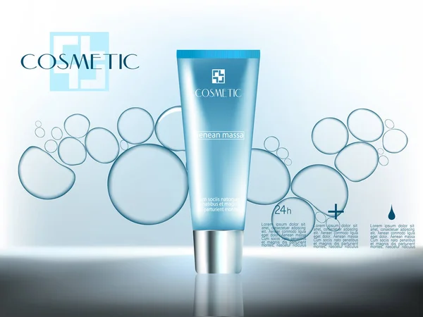 Kosmetiska annonser, 3d premium kosmetiska flaskor gel med vatten bubblor på abstrakt blå ytan bakgrund. Vektorillustration. — Stock vektor