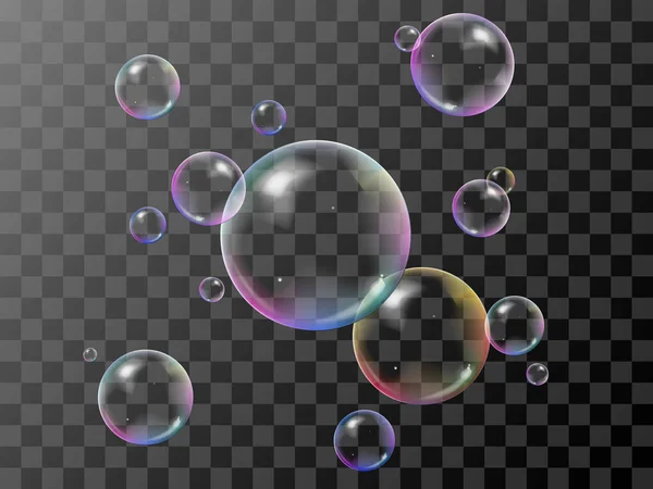 Bulles de savon réalistes en 3D avec réflexion arc-en-ciel. Illustration vectorielle. Transparent . — Image vectorielle