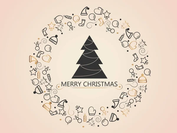 Elementos navideños sobre fondo dorado con árbol de navidad para envolver, tarjeta de invitación u otros banners. Ilustración vectorial EPS 10 . — Vector de stock