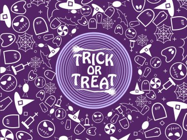 Ya parani ya canini Cadılar Bayramı öğeleri daireler ile mor arka plan üzerinde. Vektör çizim Eps 10.