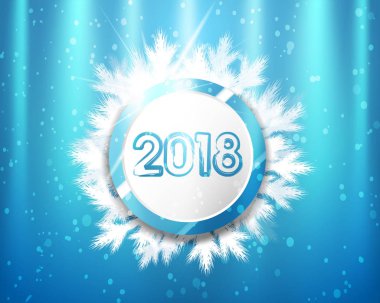 Mavi ve beyaz daireler ve arka plan aydınlatma üzerinde ağaç dalları ile 2018 yeni yıl. Vektör çizim.