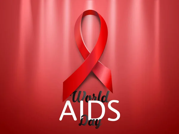 Realistic red AIDS ribbon. World AIDS day concept on red background with light effect. Vector illustration. — Stock Vector