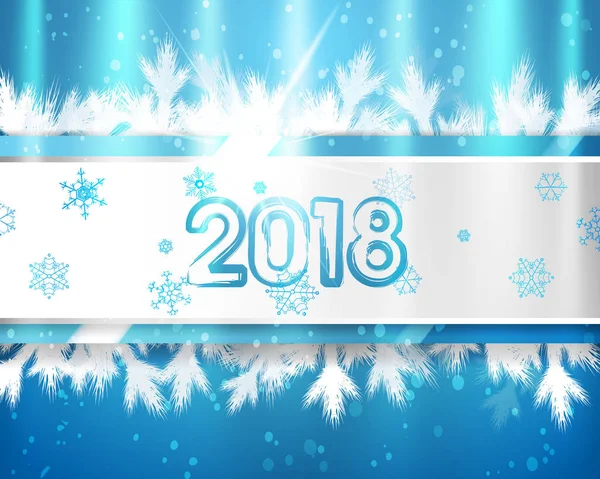 Tahun Baru 2018 dengan cabang pohon Natal dan kepingan salju dengan latar belakang biru. Ilustrasi vektor EPS . - Stok Vektor