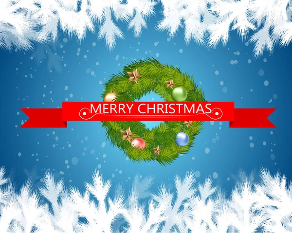 圣诞快乐的文本在红丝带与圣诞树在蓝色背景。矢量插图. — 图库矢量图片