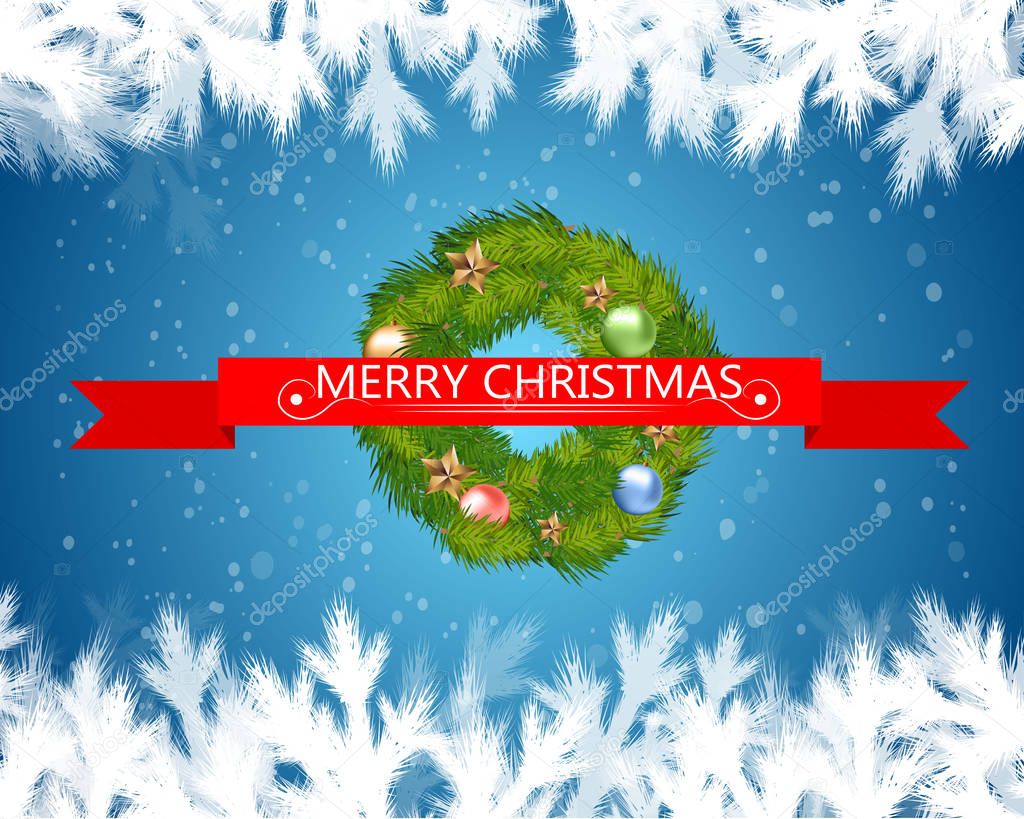 Merry christmas text in red ribbon with christmas tree on blue background. Vector illustration.