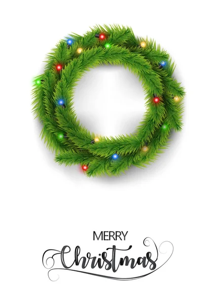 Merry christmas realistic wreath with christmas color light isolate on white background. Vector illustration. — Stock Vector