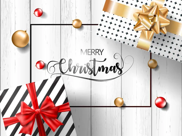 圣诞礼品盒与红色和金色丝带和圣诞球的白色木质地。矢量. — 图库矢量图片