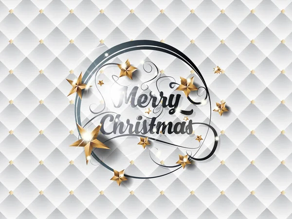 Feliz Navidad texto con estrellas doradas en la superficie de textura blanca y efectos de luz. Ilustración vectorial . — Vector de stock