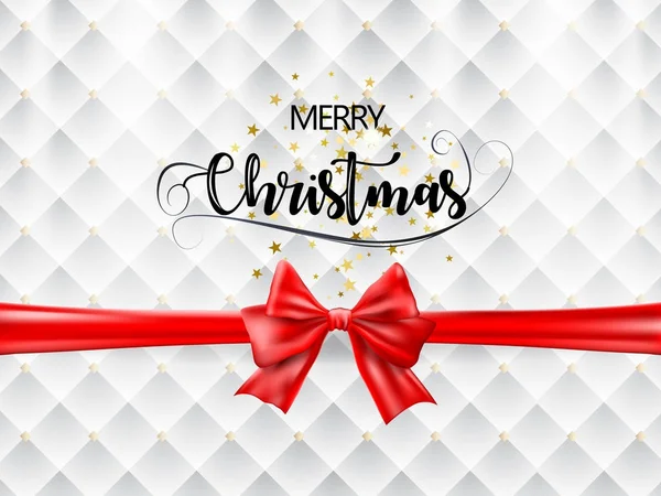Kırmızı kurdele beyaz ve altın doku üzerinde altın yıldız bir metinle Merry Christmas. Vektör. 