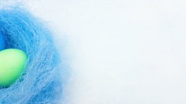Yuvaya pastel mavi arka plan üzerinde renkli yumurta. 