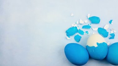 Pastel mavi arka plan üzerinde renkli Paskalya yumurta ile yumurta kabuğu.