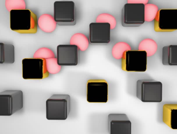 抽象柔和的粉红色软球落在黄金和黑色方块 循环视频 — 图库视频影像