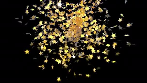 Šťastný Nový rok zlaté konfety exploze na tmavém pozadí. Vánoční veselá festivalová fólie třpytí. Konfety padají. Záběry 4k.