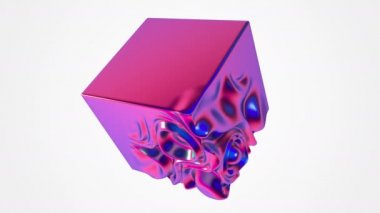 Sıvı dalga deformasyonlu üç boyutlu küp. Dalgalanma deformasyonlu morötesi renk küpü. 4k kusursuz döngü görüntüsü.