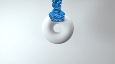 Yüzeye mavi granüller düşüren üç boyutlu geometri torusu. 4kK canlandırma canlandırması.