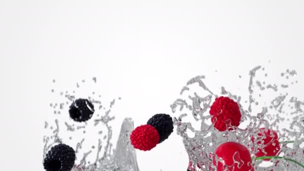 Bir Sürü Kırmızı Siyah Ahududu Kiraz Patlaması Sıvı Sıçrıyor Etrafa — Stok video