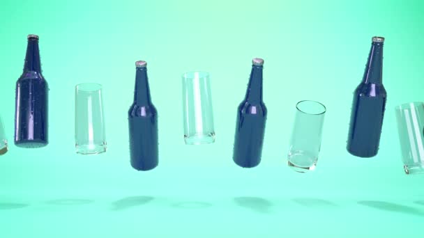 ガラスがクリスタルグラスで上下に飛んで面白い3Dビールブルーボトルを抽象化します 聖パトリックの日だ シームレスなループアニメーション パーティーの時間 — ストック動画