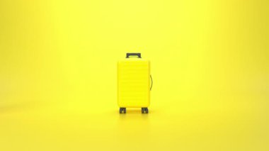 Sarı arka planda dönen ve yuvarlanan üç boyutlu soyut sarı bavul. Animasyon yolculuğu konsepti. 4k görüntü.