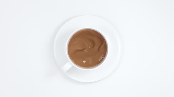 Närbild Ovanifrån Realistiskt Kaffe Vit Kopp Roterande Inuti Animering Återgivning — Stockvideo