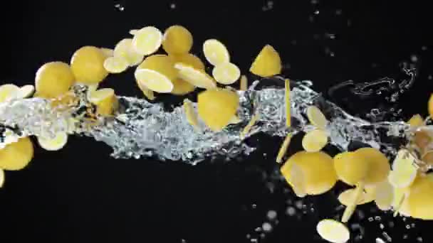 概要結晶水でスライスしたレモンを飛行させる3Dアニメーション 新鮮な素敵な果物で映像をレンダリングし アルファマットチャンネルで暗い背景にスプラッシュ液体を注ぐ — ストック動画