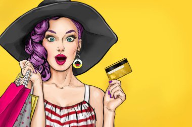 Pop art kadın alışveriş üzerinde. Pop Art kız alışveriş torbaları ile. Komik kadın. Seksi kız.