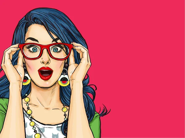 Surprised Pop Art girl in glasses. Party invitation. Birthday card. Hollywood, Comic woman. Sexy girl. Amazed woman. Sale, wow, cute, lips, hippie, face, wonder, temptation, swag, shock, gossip, look — Stock Image Surprised Pop Art girl in glasses. Party invitation. Birthday card. Hollywood, Comic woman. Sexy girl. Amazed woman. Sale, wow, cute, lips, hippie, face, wonder, temptation, swag, shock, gossip, look Stock Picture