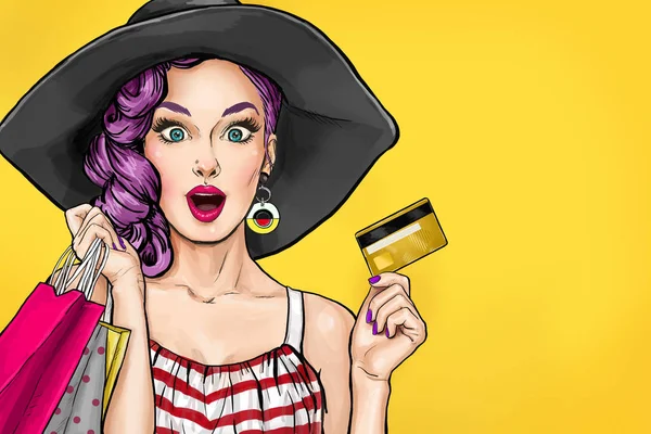 Pop art woman on shopping.Pop Art girl with shopping bags. Comic woman. Sexy girl. — Stock Image Pop art woman on shopping.Pop Art girl with shopping bags. Comic woman. Sexy girl. Stock Image