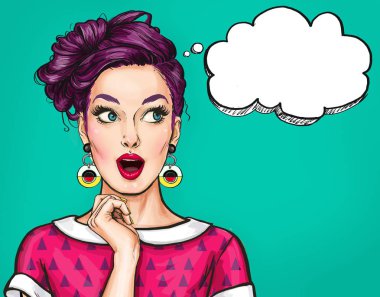 Açık mouth.Comic kadınla sürpriz genç seksi kadın. Hayran kadınlar. Pop Art kız. Vay canına, satın almak, satış, Stil, retro, serin, model, flört, aşk, moda, dedikodu, düşünce, pop, alışveriş, yeni giysiler, kitsch
