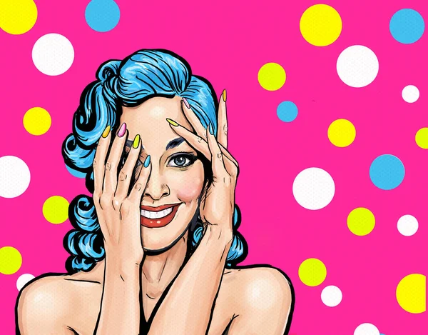 Surprised smiling girl. Comic woman. Sexy girl. Amazed woman. Party invitation. Birthday card. Hollywood movie star. Comic woman. Sexy girl. — Stock Image Surprised smiling girl. Comic woman. Sexy girl. Amazed woman. Party invitation. Birthday card. Hollywood movie star. Comic woman. Sexy girl. Stock Picture
